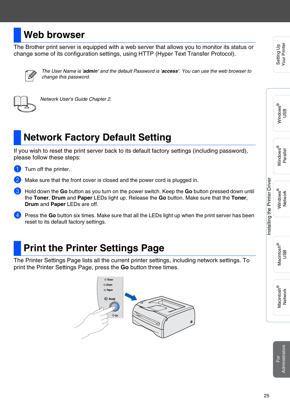 Web browser, Network factory default setting | Brother HL 2040 User Manual | Page 27 / 30