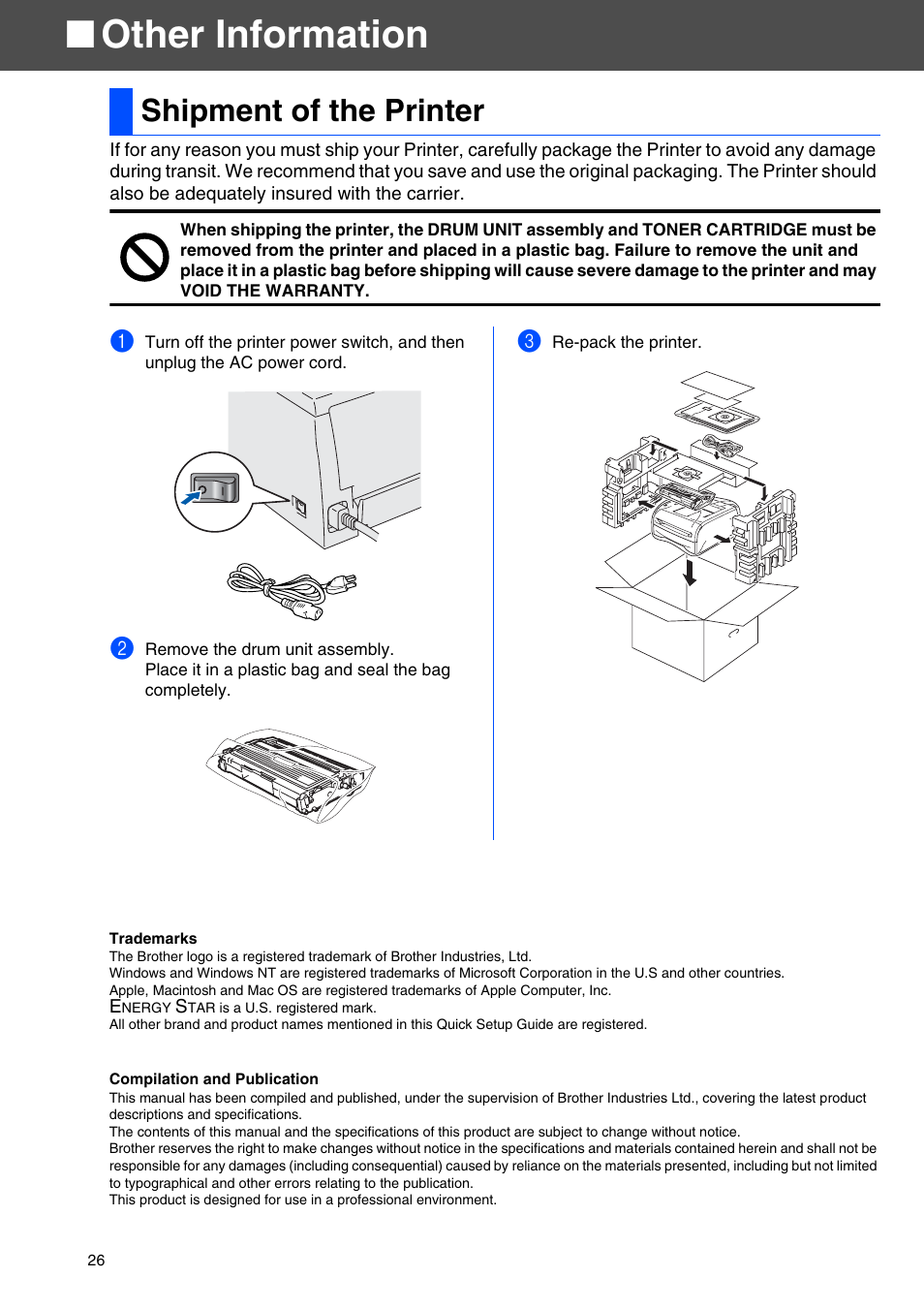 Other information, Shipment of the printer | Brother HL 2040 User Manual | Page 28 / 30