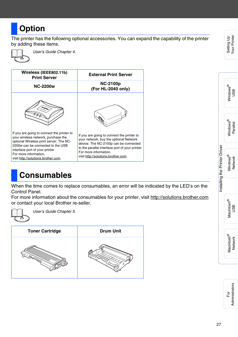 Option, Consumables, Option consumables | Brother HL 2040 User Manual | Page 29 / 30