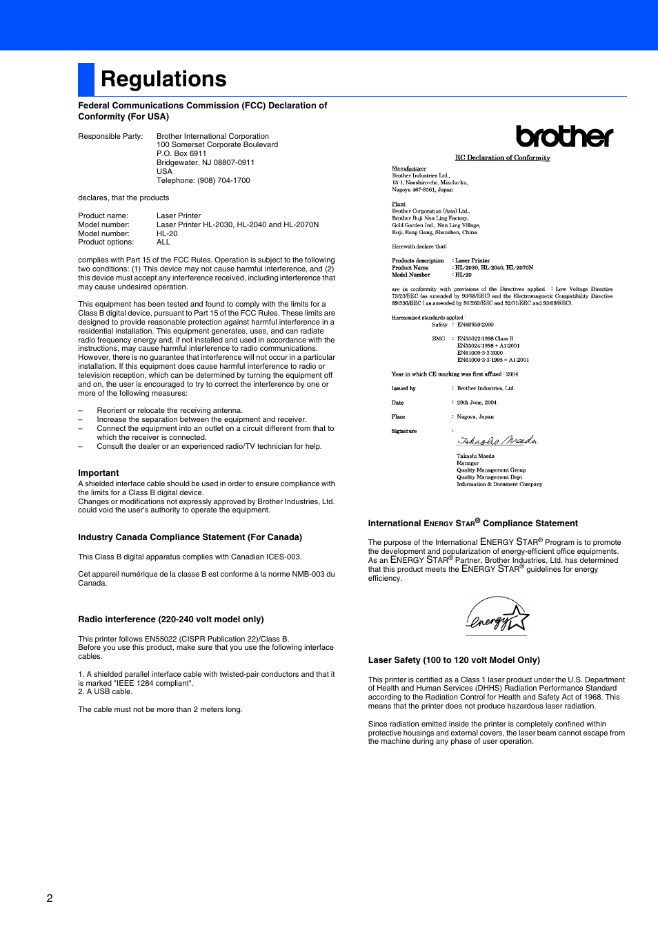 Regulations | Brother HL 2040 User Manual | Page 4 / 30