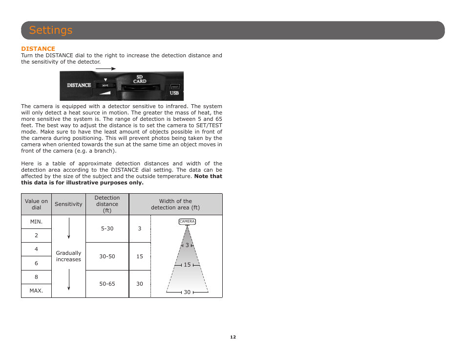 Distance, P.12), Settings | SPYPOINT C6 User Manual User Manual | Page 12 / 28