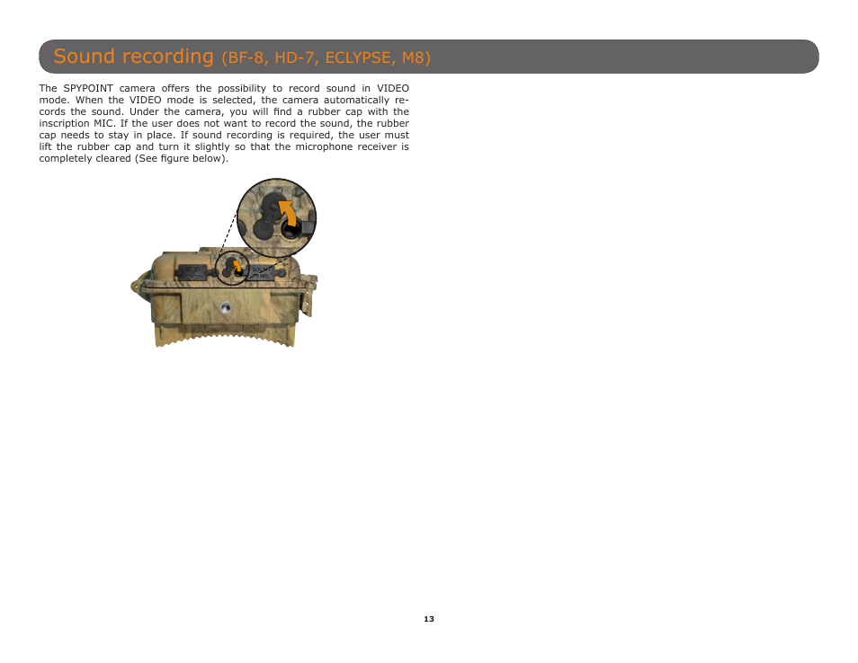 Sound recording (bf-8, hd-7, eclypse, m8), P.13), Sound recording | Bf-8, hd-7, eclypse, m8) | SPYPOINT C6 User Manual User Manual | Page 13 / 28