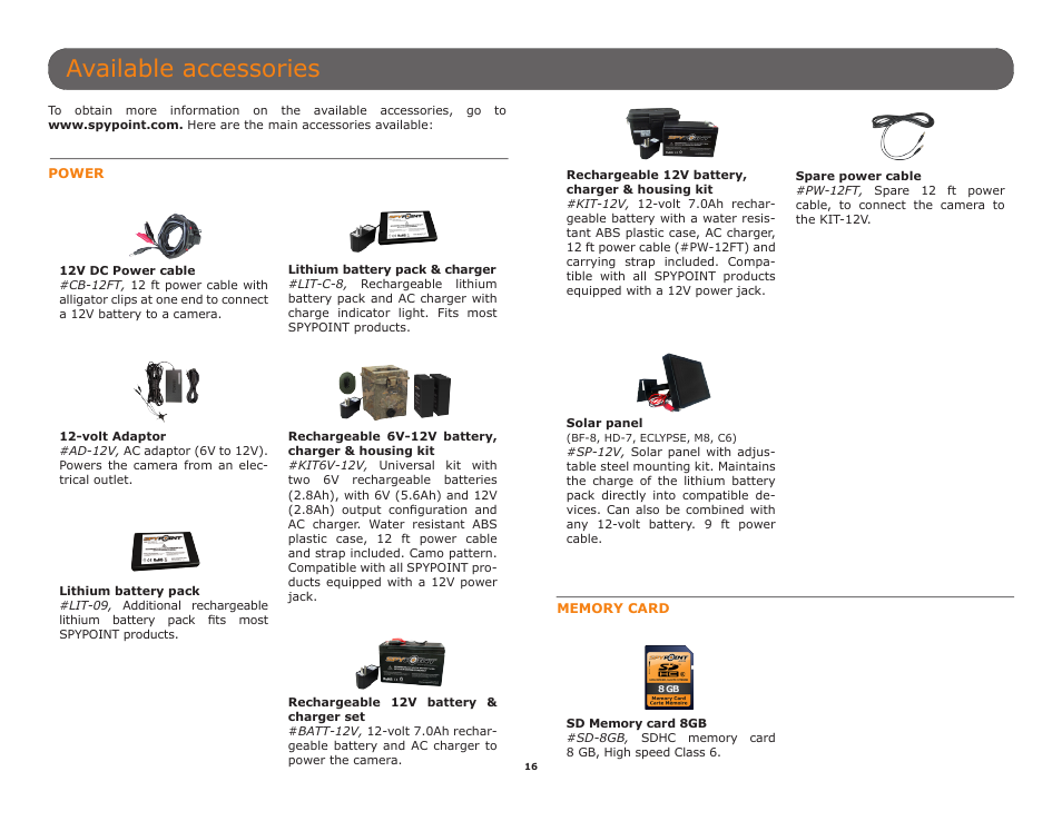Available accessories, P.16), Ately (p.16) | Ly (p.16). during, P.16 | SPYPOINT C6 User Manual User Manual | Page 16 / 28