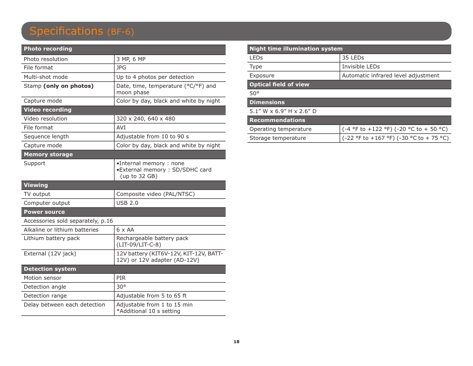 Specifications, Bf-6) | SPYPOINT C6 User Manual User Manual | Page 18 / 28