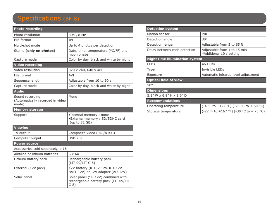Specifications, Bf-8) | SPYPOINT C6 User Manual User Manual | Page 19 / 28