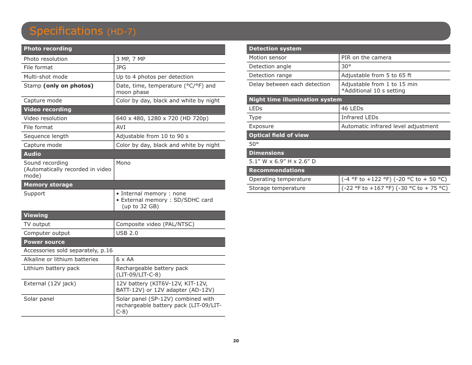 Specifications, Hd-7) | SPYPOINT C6 User Manual User Manual | Page 20 / 28