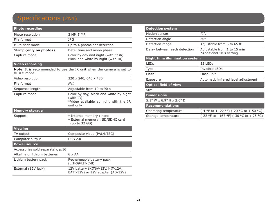 Specifications, 2n1) | SPYPOINT C6 User Manual User Manual | Page 21 / 28