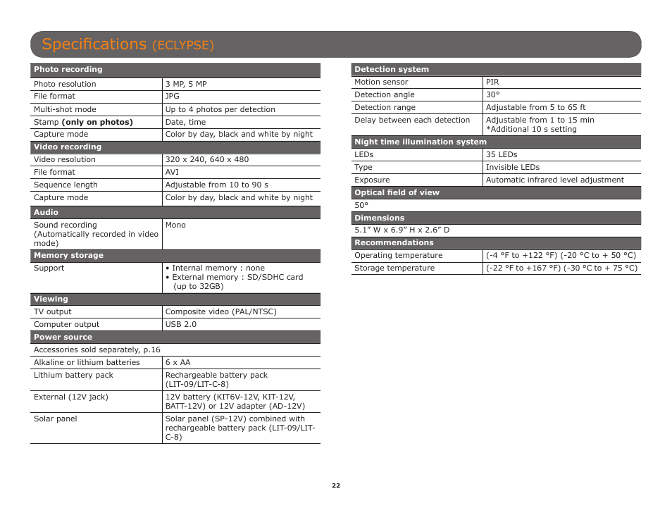 Specifications, Eclypse) | SPYPOINT C6 User Manual User Manual | Page 22 / 28
