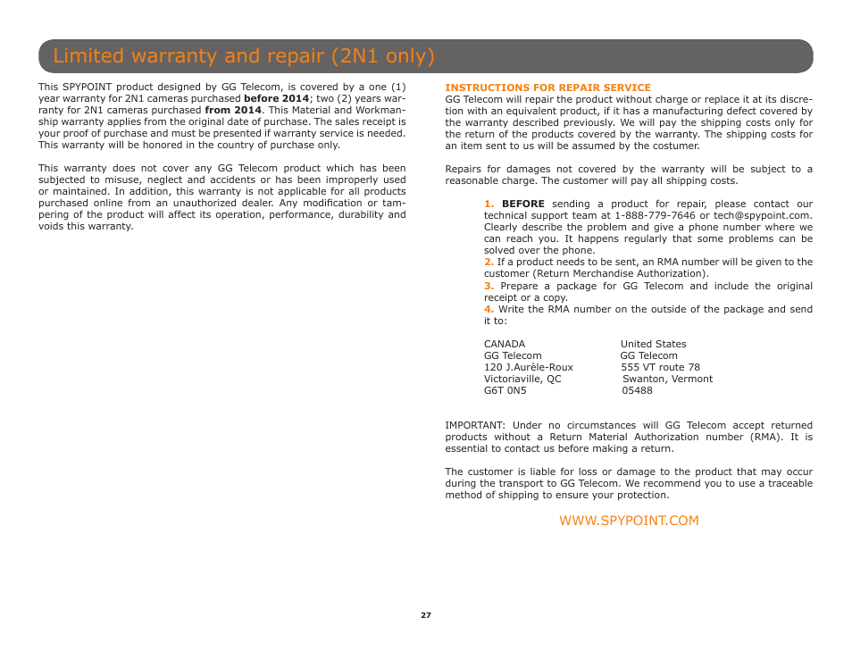 Limited warranty and repair (2n1 only) | SPYPOINT C6 User Manual User Manual | Page 27 / 28