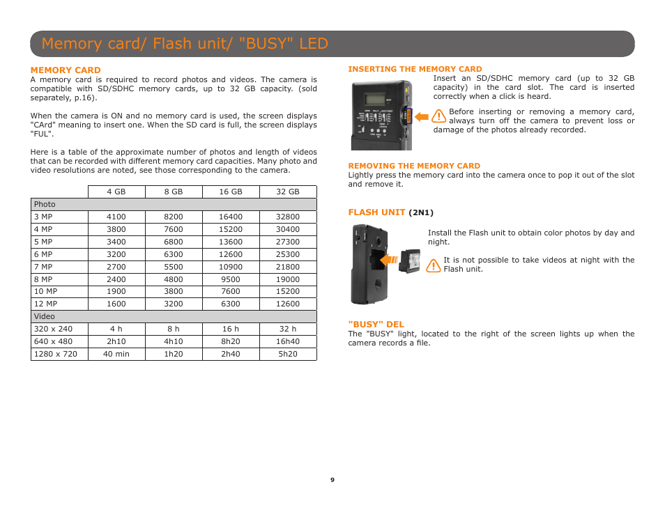 Memory card, Flash unit (2n1), Busy" del | SPYPOINT C6 User Manual User Manual | Page 9 / 28