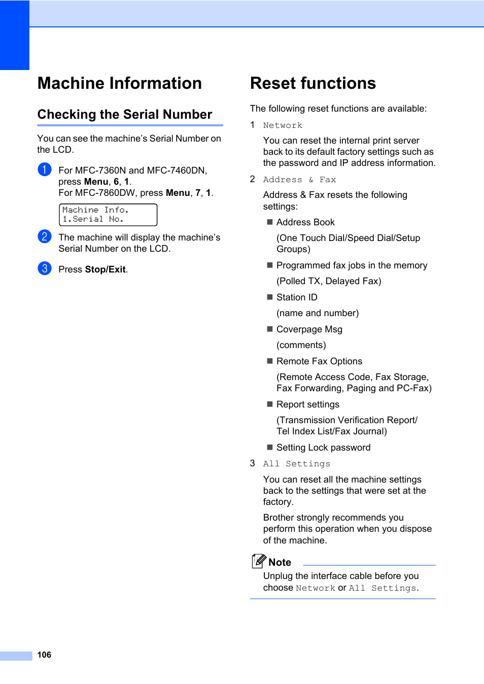 Machine information, Checking the serial number, Reset functions | Brother MFC 7860DW User Manual | Page 122 / 162