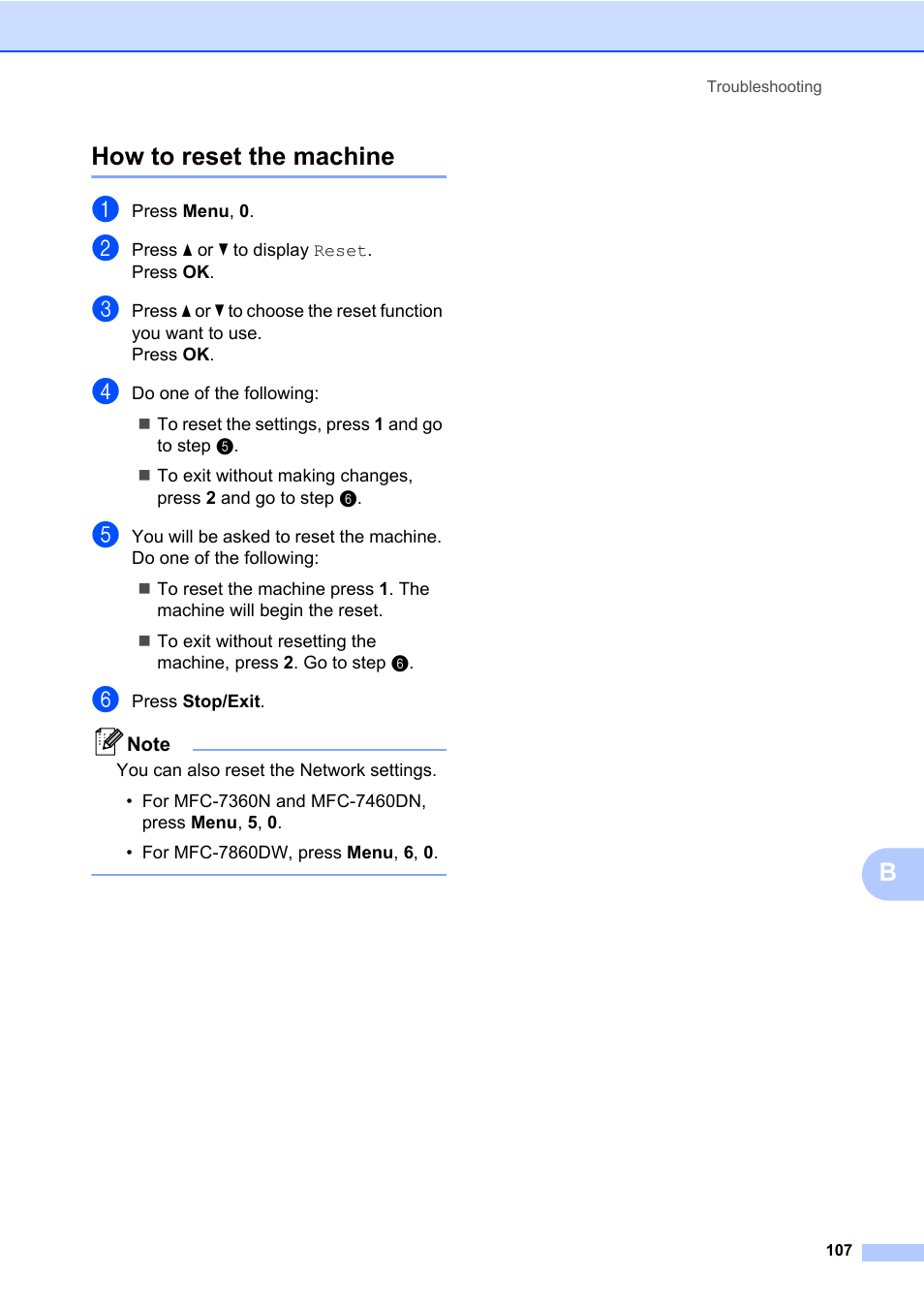 How to reset the machine, Bhow to reset the machine | Brother MFC 7860DW User Manual | Page 123 / 162