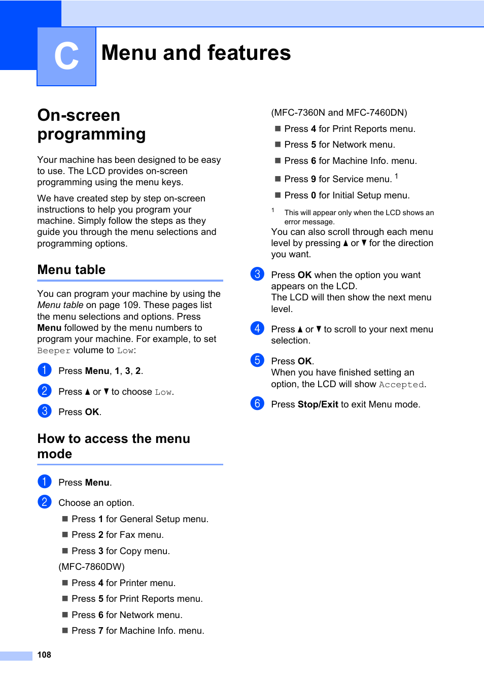 C menu and features, On-screen programming, Menu table | How to access the menu mode, Menu and features, Menu table how to access the menu mode | Brother MFC 7860DW User Manual | Page 124 / 162