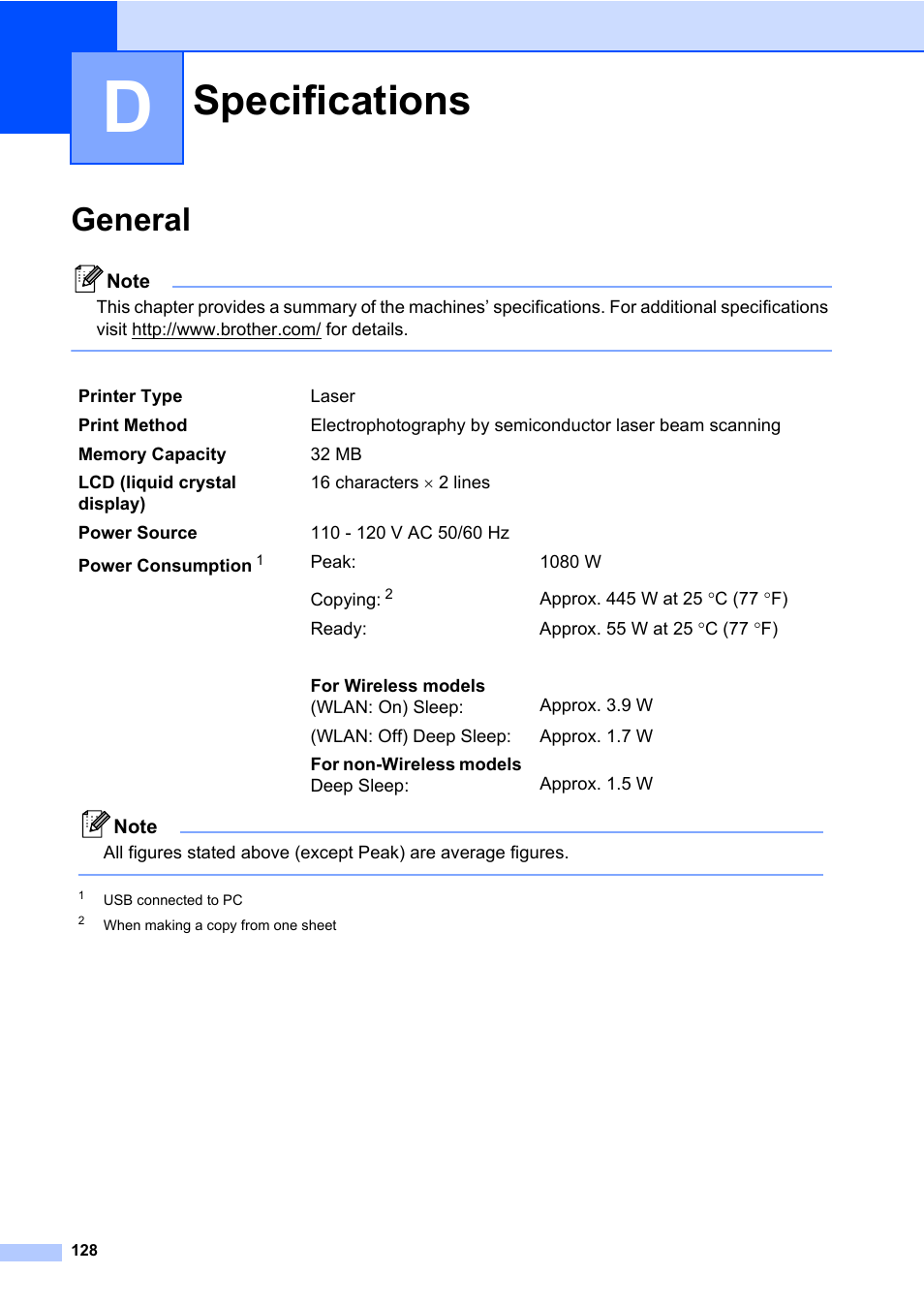 D specifications, General, Specifications | Brother MFC 7860DW User Manual | Page 144 / 162