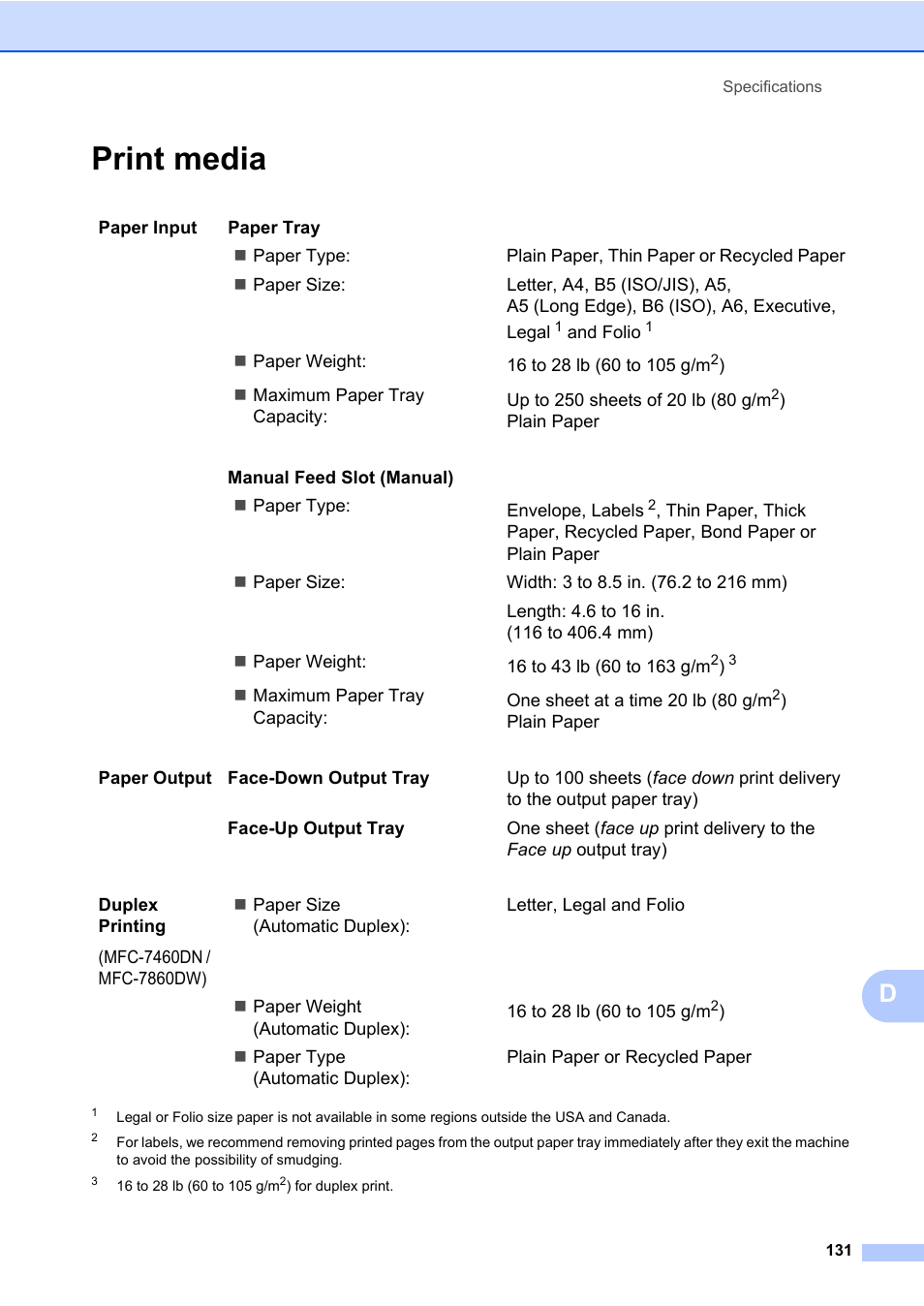 Print media | Brother MFC 7860DW User Manual | Page 147 / 162