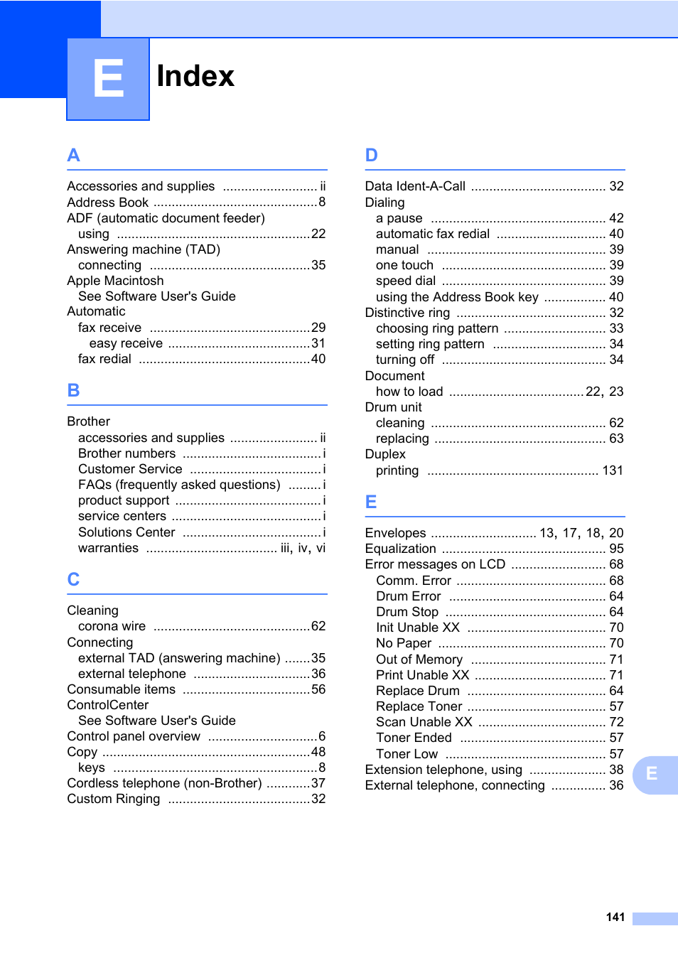 Index | Brother MFC 7860DW User Manual | Page 157 / 162