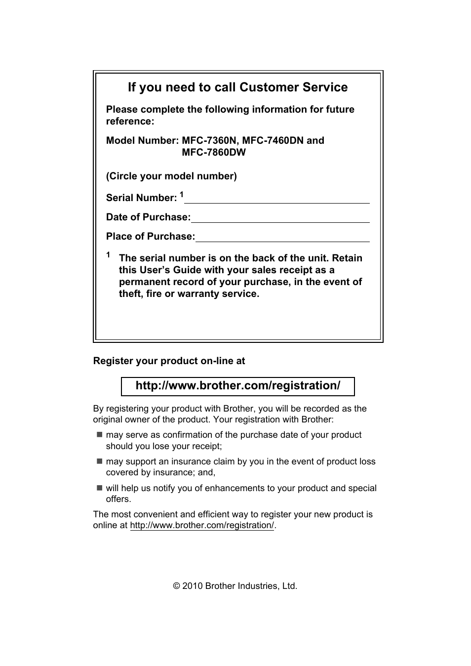If you need to call customer service | Brother MFC 7860DW User Manual | Page 2 / 162
