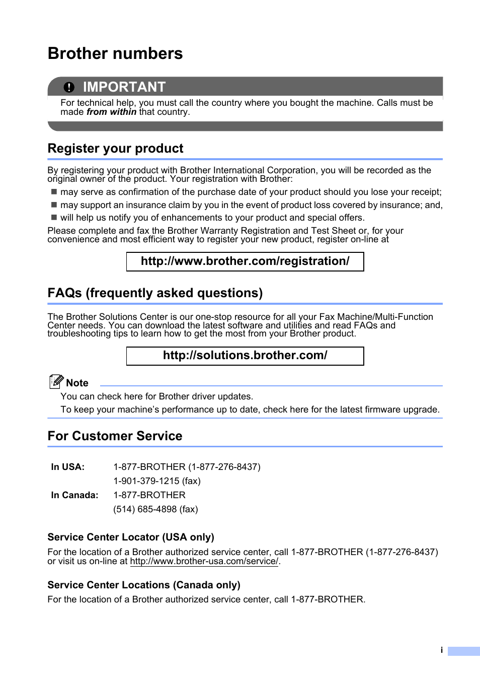 Brother numbers, Register your product, Faqs (frequently asked questions) | For customer service, Important | Brother MFC 7860DW User Manual | Page 3 / 162
