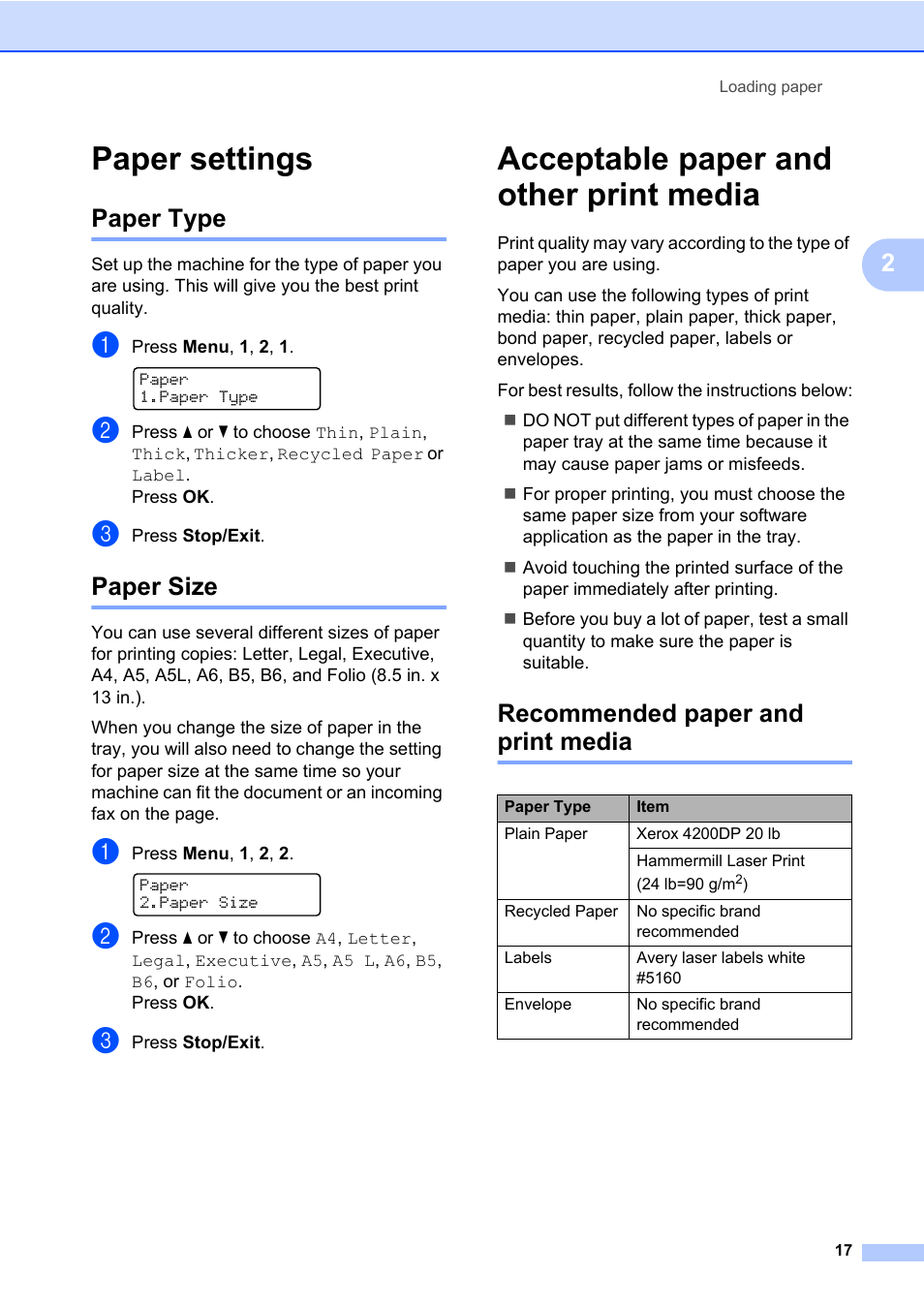 Paper settings, Paper type, Paper size | Acceptable paper and other print media, Recommended paper and print media, Paper type paper size | Brother MFC 7860DW User Manual | Page 33 / 162