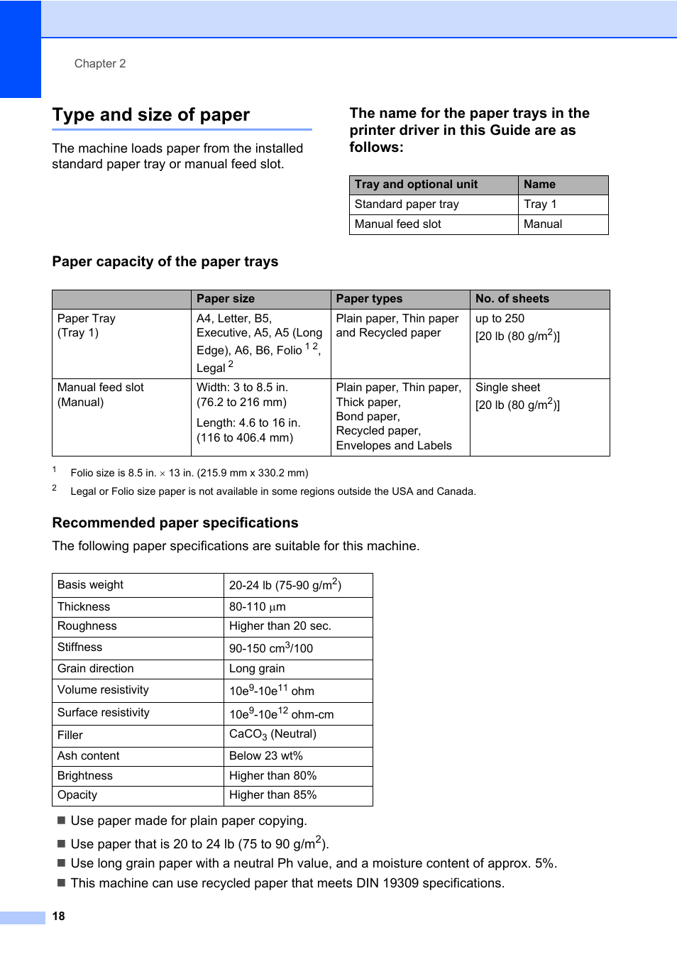 Type and size of paper, Paper capacity of the paper trays, Recommended paper specifications | Brother MFC 7860DW User Manual | Page 34 / 162