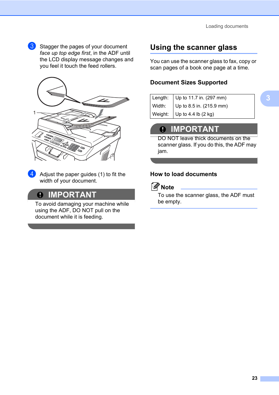 Using the scanner glass, Document sizes supported, How to load documents | Important | Brother MFC 7860DW User Manual | Page 39 / 162