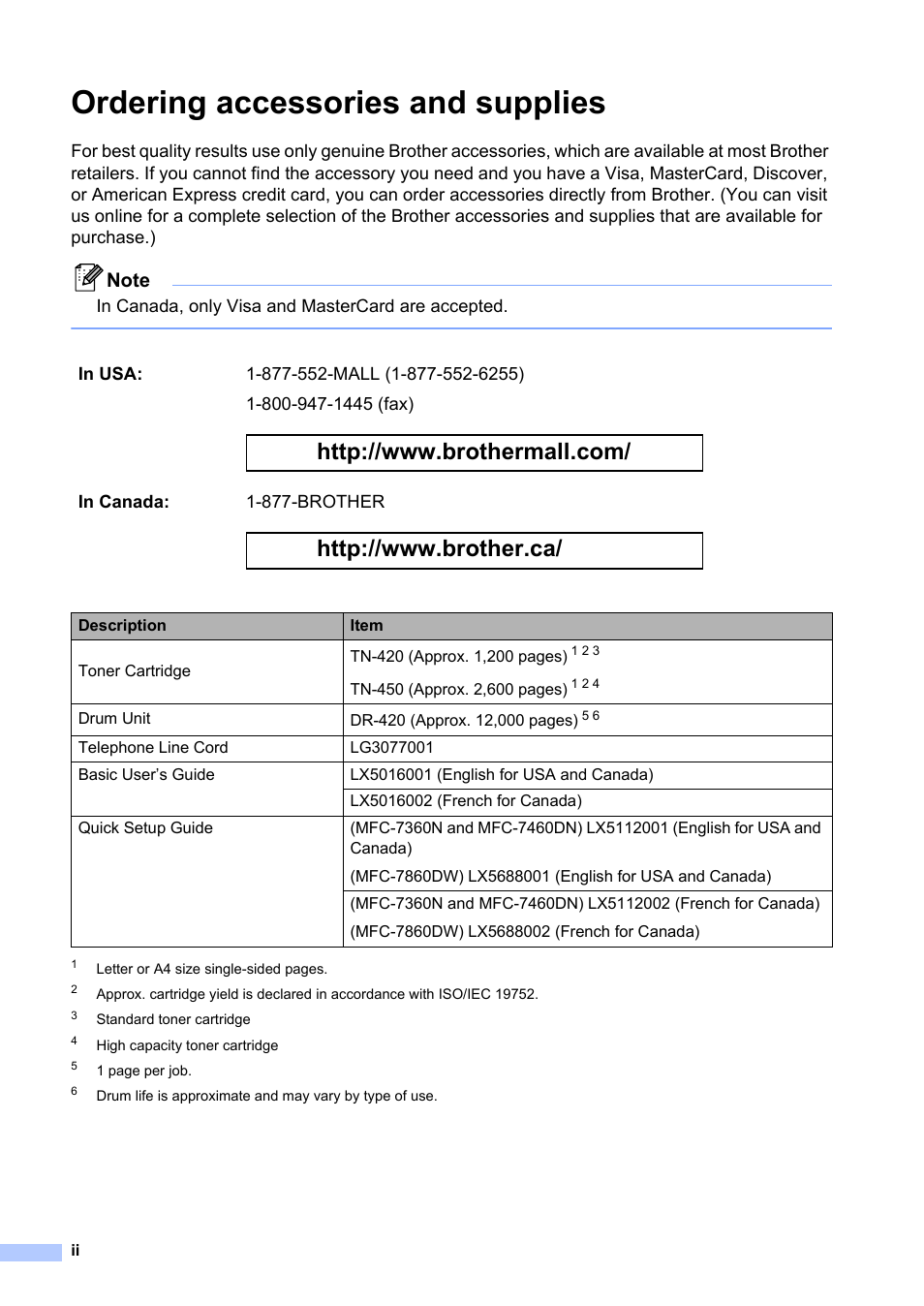 Ordering accessories and supplies | Brother MFC 7860DW User Manual | Page 4 / 162