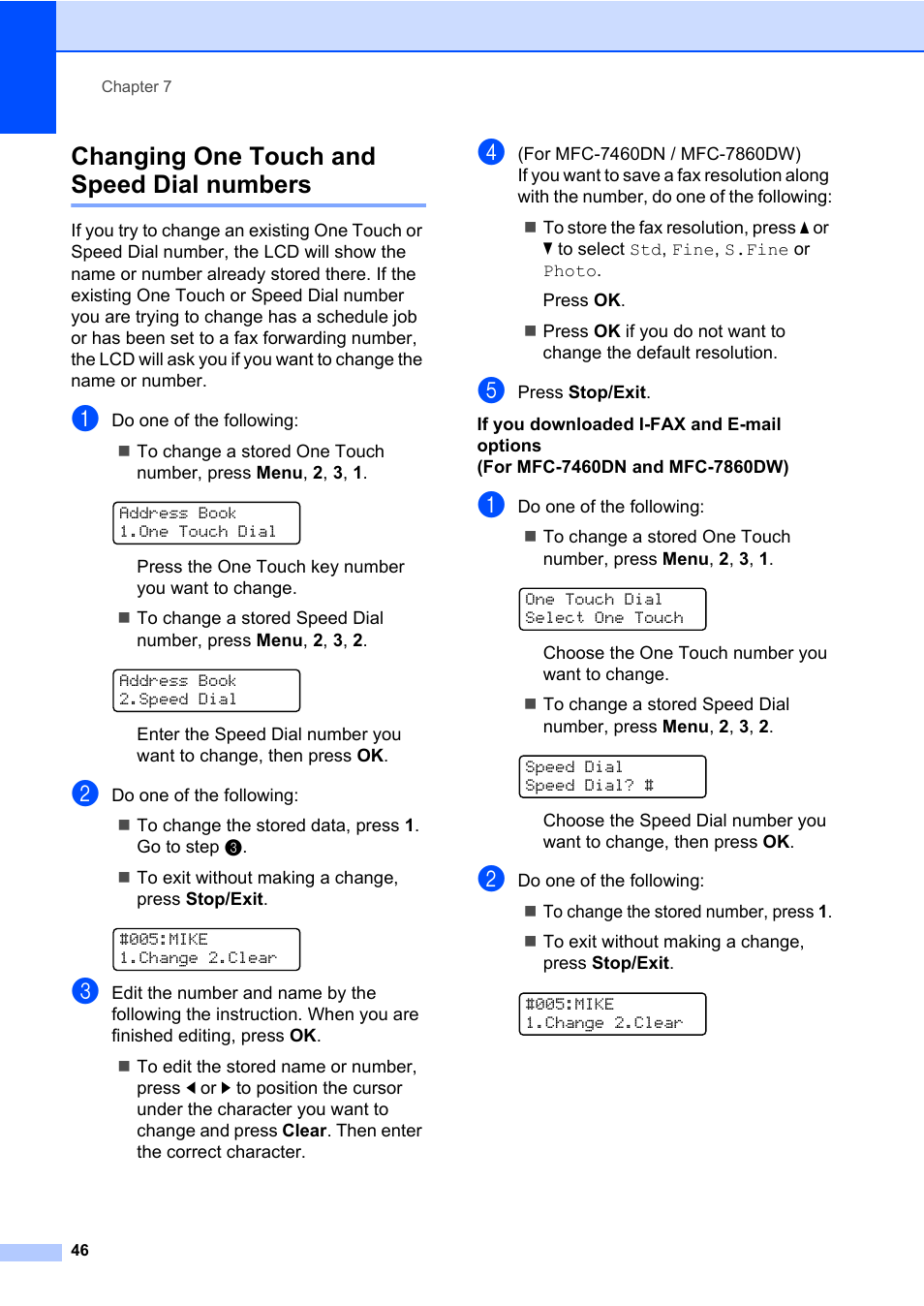 Changing one touch and speed dial numbers | Brother MFC 7860DW User Manual | Page 62 / 162