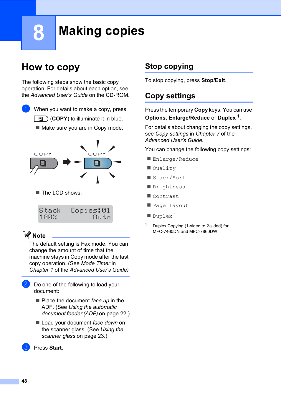 8 making copies, How to copy, Stop copying | Copy settings, Making copies, Stop copying copy settings | Brother MFC 7860DW User Manual | Page 64 / 162