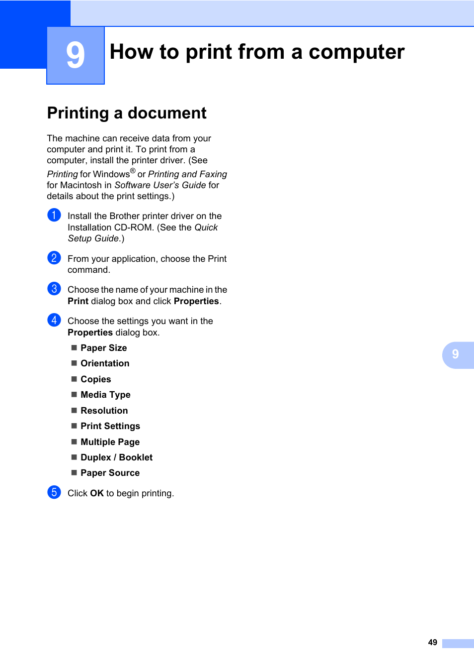 9 how to print from a computer, Printing a document, How to print from a computer | Brother MFC 7860DW User Manual | Page 65 / 162