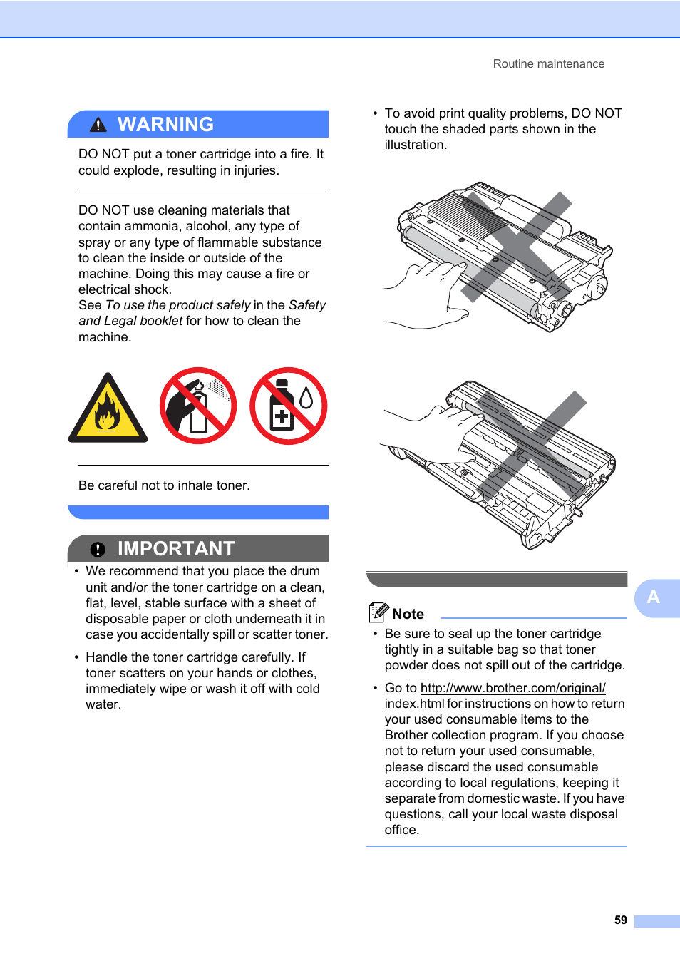 Warning, Important, Be careful not to inhale toner | Brother MFC 7860DW User Manual | Page 75 / 162