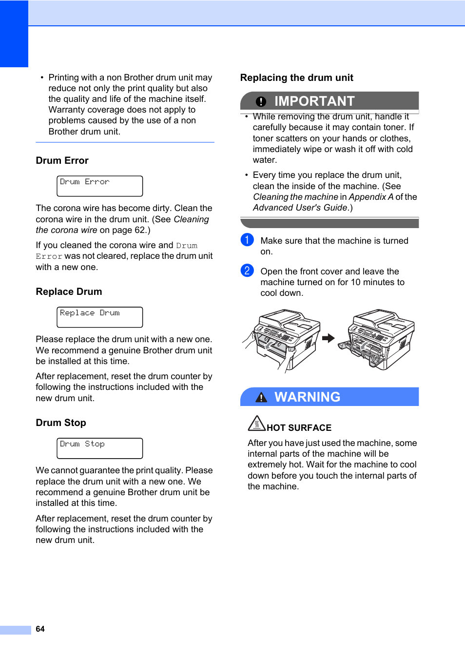 Drum error, Replace drum, Drum stop | Replacing the drum unit, Important, Warning | Brother MFC 7860DW User Manual | Page 80 / 162