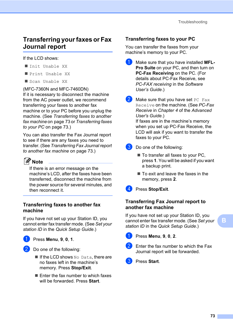 Transferring your faxes or fax journal report, Transferring faxes to another fax machine, Transferring faxes to your pc | Btransferring your faxes or fax journal report | Brother MFC 7860DW User Manual | Page 89 / 162
