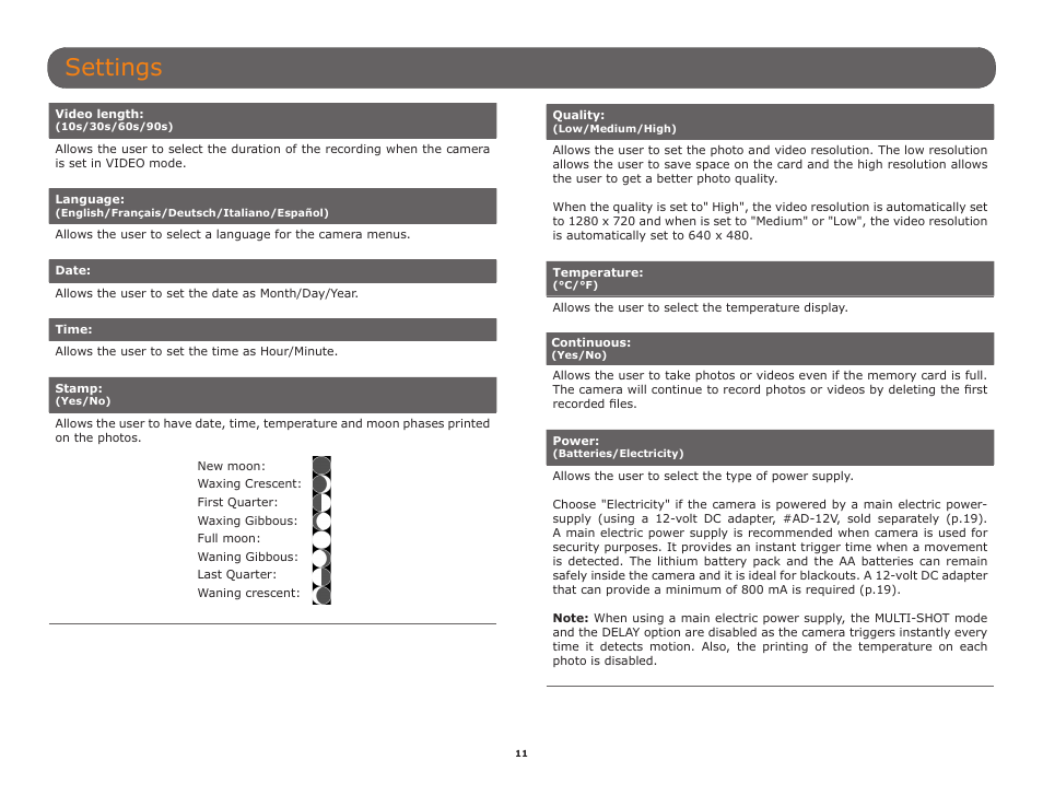 Settings | SPYPOINT BF-10HD User Manual User Manual | Page 11 / 24