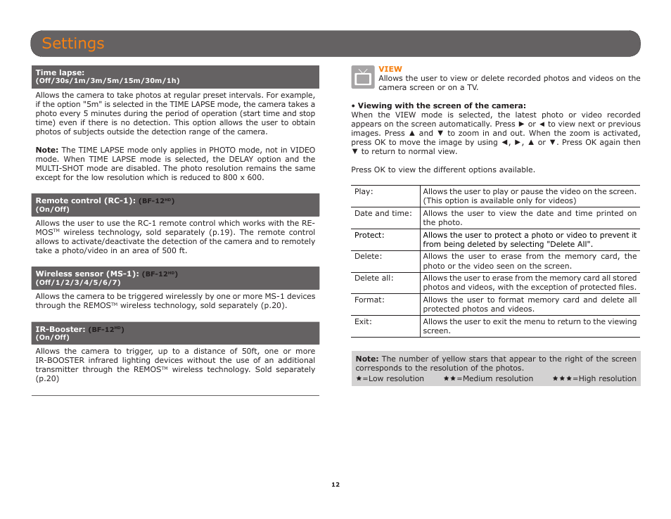 Settings | SPYPOINT BF-10HD User Manual User Manual | Page 12 / 24