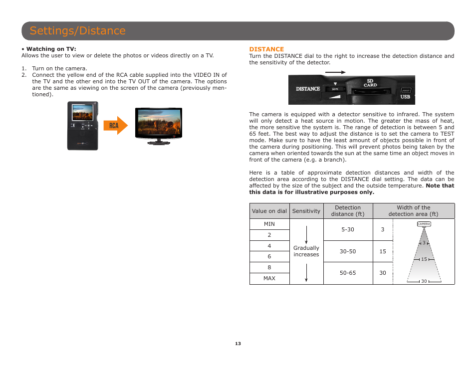 Distance, Videos directly on tv (p.13), P.13) | Settings/distance | SPYPOINT BF-10HD User Manual User Manual | Page 13 / 24