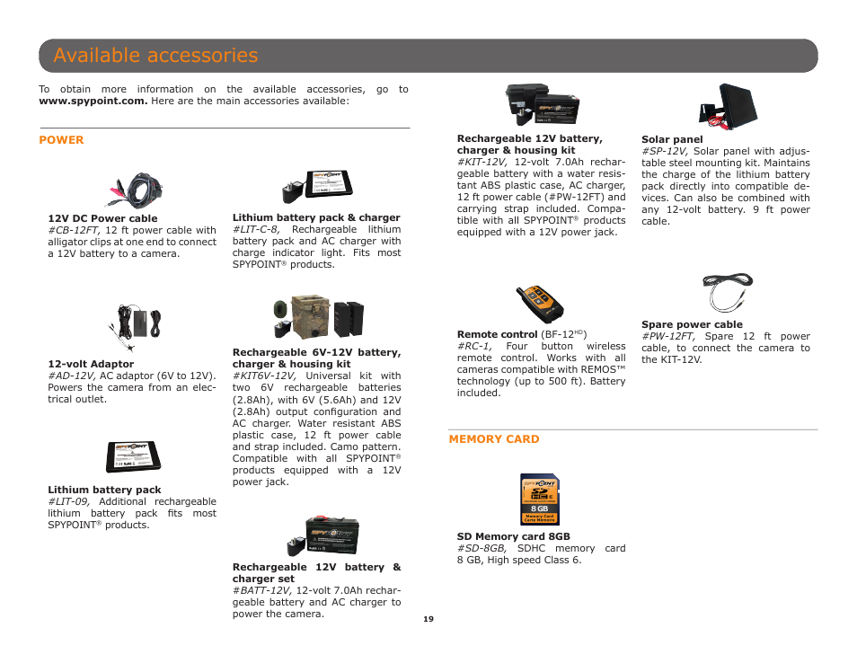 Available accessories, Ately (p.19), Ately (p.19 | P.19), P.19 | SPYPOINT BF-10HD User Manual User Manual | Page 19 / 24