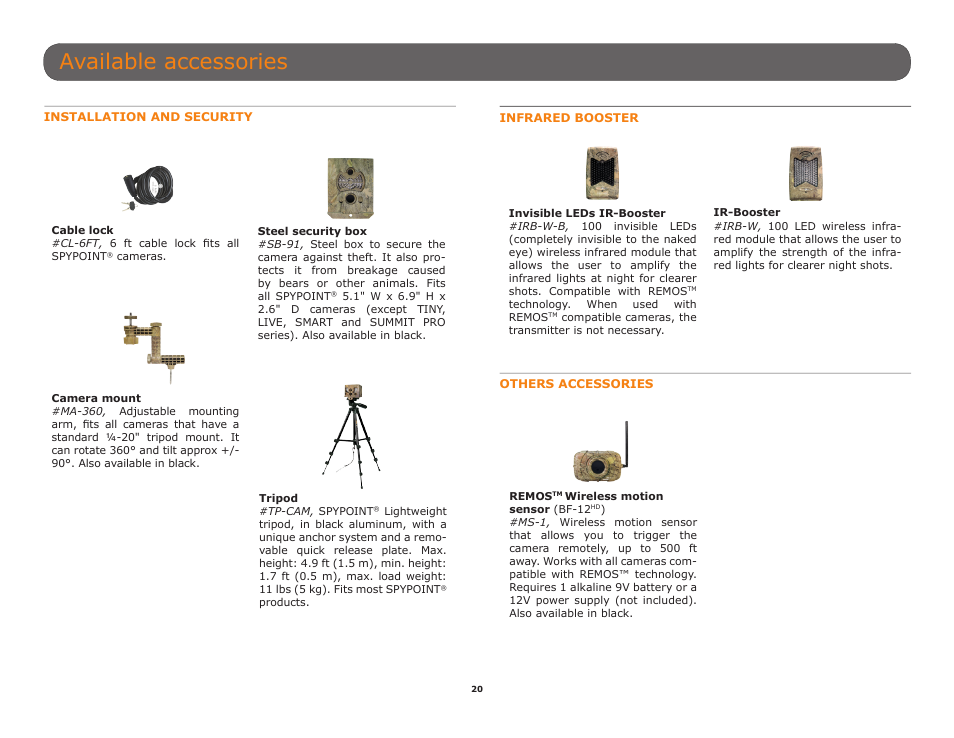P.20, Available accessories | SPYPOINT BF-10HD User Manual User Manual | Page 20 / 24