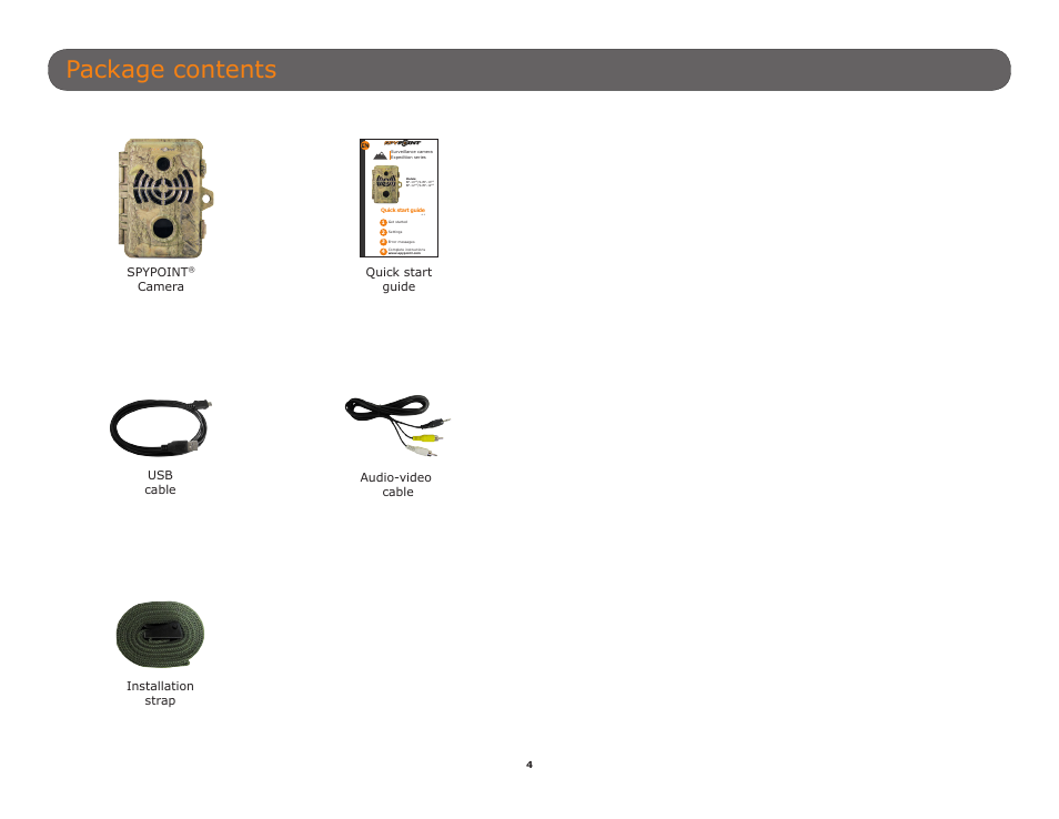 Package contents, V1.0, If applicable) | Si applicable), Falls zutref- fend), Se cor- risponde), Si está dis- ponible), Camera quick start guide | SPYPOINT BF-10HD User Manual User Manual | Page 4 / 24