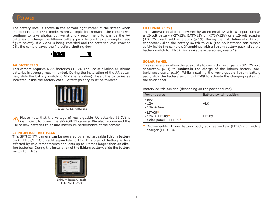 Power, Lithium battery pack (p.7) | SPYPOINT BF-10HD User Manual User Manual | Page 7 / 24