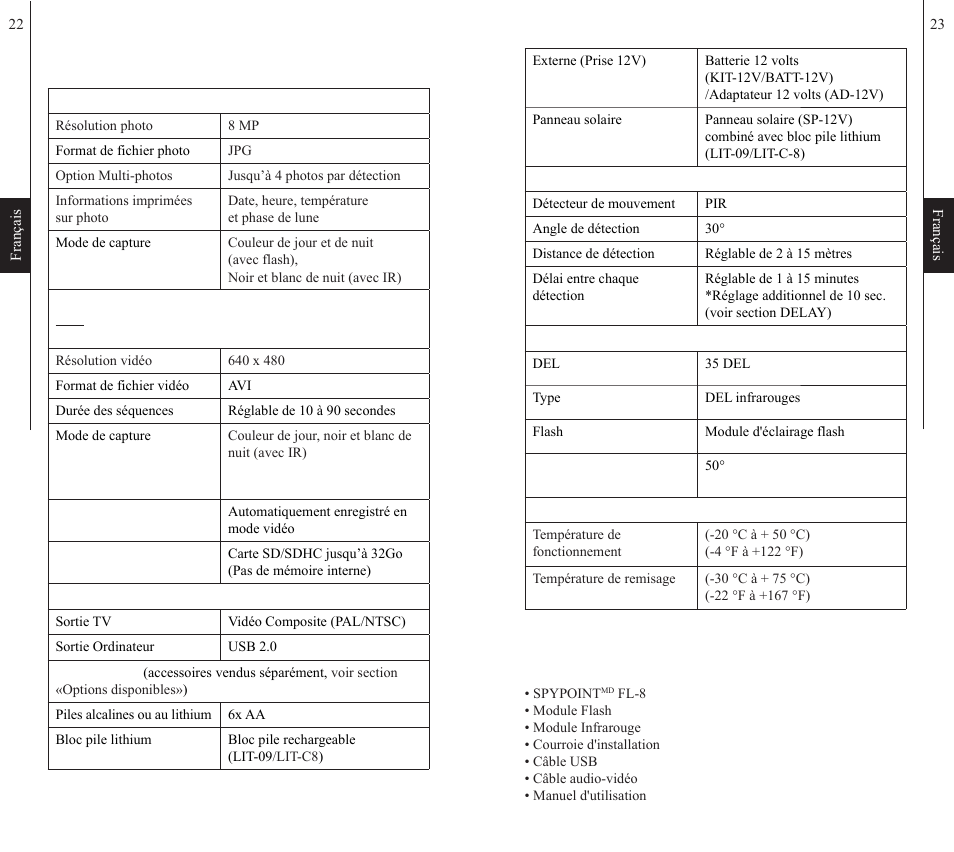 Spécifications, Contenu de l’emballage | SPYPOINT FL-8 User Manual | Page 12 / 29