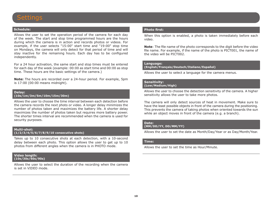 Settings | SPYPOINT HAWK User Manual User Manual | Page 10 / 18