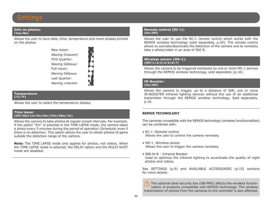 Remos technology, P.11), Settings | SPYPOINT HAWK User Manual User Manual | Page 11 / 18