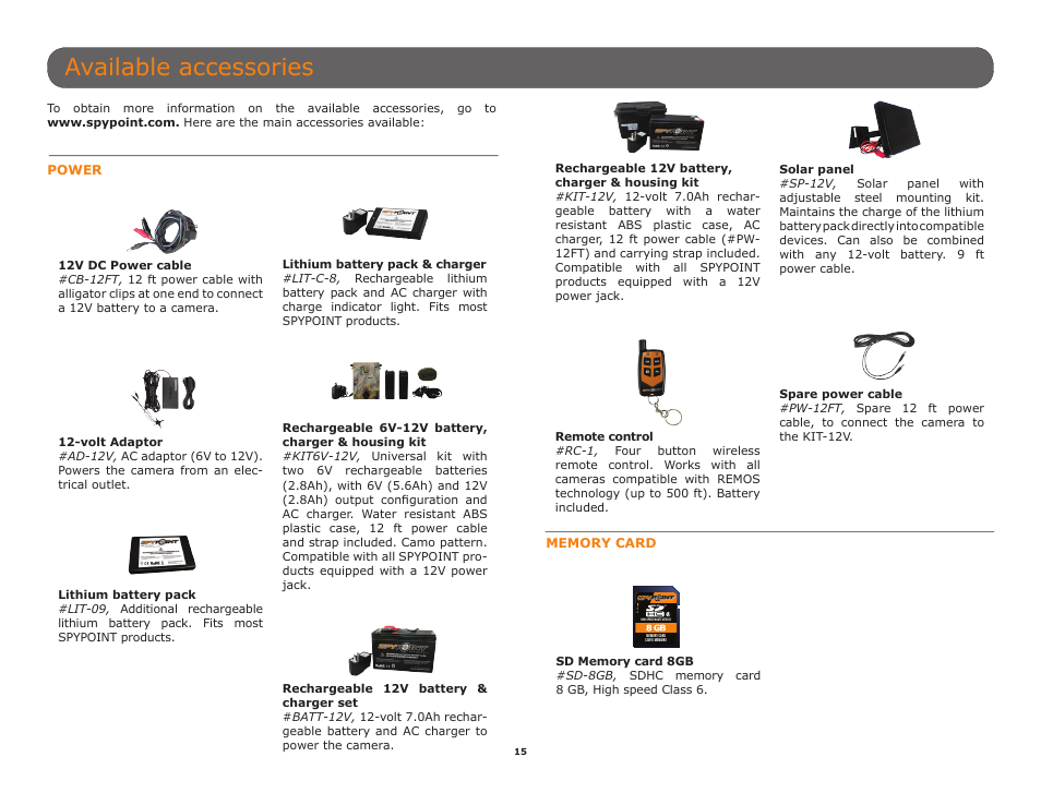 Available accessories, P.15), See p.15 | R f n | SPYPOINT HAWK User Manual User Manual | Page 15 / 18