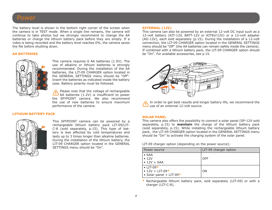 Power, Lithium battery pack (p.7), Ately (p.7) | SPYPOINT HAWK User Manual User Manual | Page 7 / 18