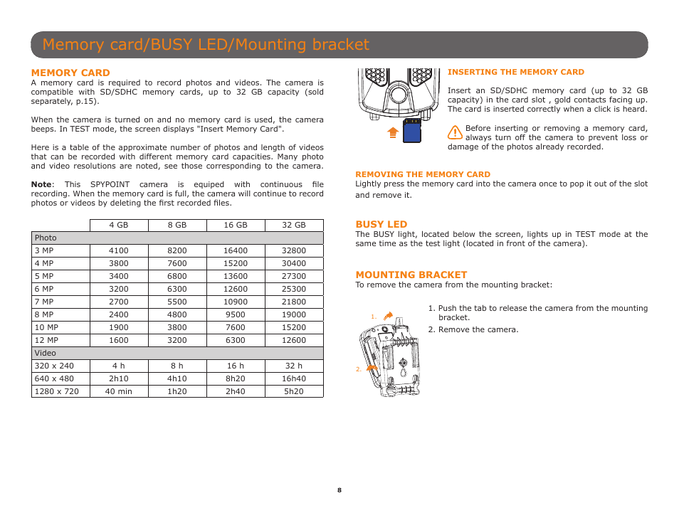 Mounting bracket, Memory card, Busy led | P.8), Ated (p.8), Videos (p.8) | SPYPOINT HAWK User Manual User Manual | Page 8 / 18