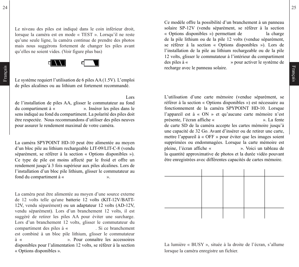 Alimentation, Carte mémoire, Del « busy | 24 25 français français | SPYPOINT HD-10 User Manual | Page 13 / 30