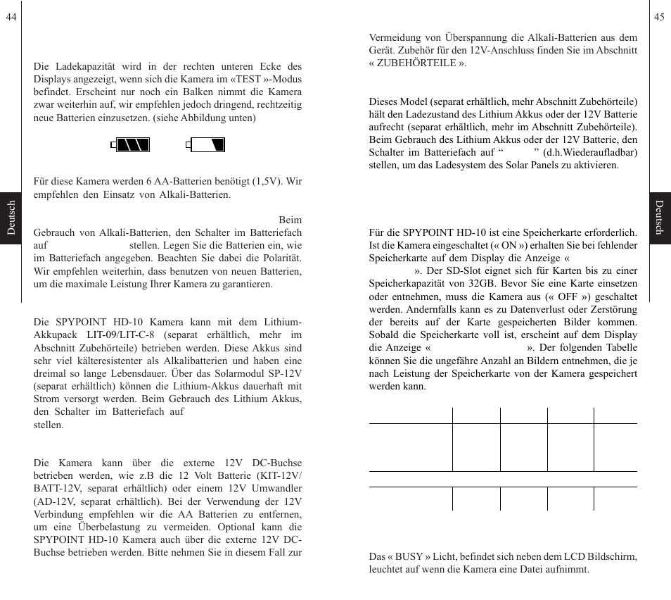 Stromversorgung, Speicherkarte, Busy » led | 44 45 deutsch deutsch | SPYPOINT HD-10 User Manual | Page 23 / 30