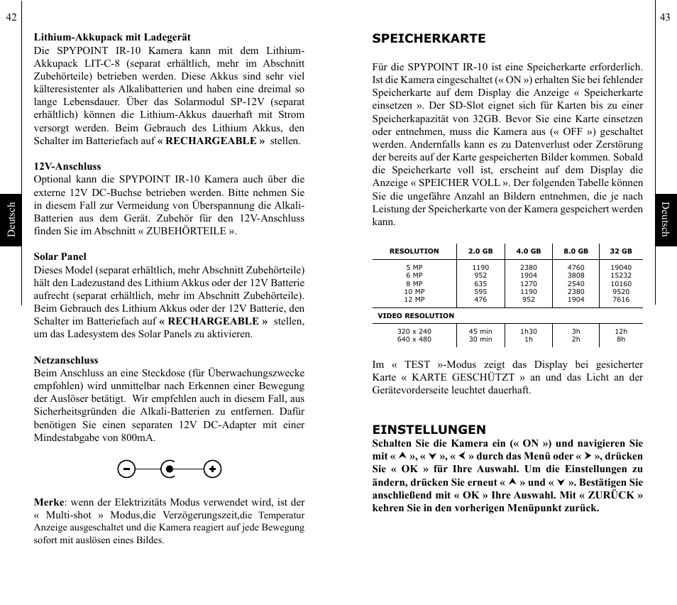 Speicherkarte, Einstellungen | SPYPOINT IR-10 User Manual | Page 22 / 27