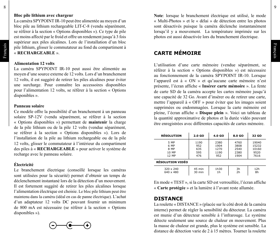 Carte mémoire, Distance | SPYPOINT IR-10 User Manual | Page 5 / 27