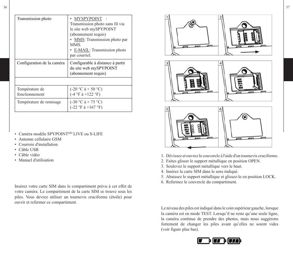 Contenu de l’emballage, Installation de la carte sim, Alimentation | SPYPOINT S-LIVE User Manual | Page 19 / 49
